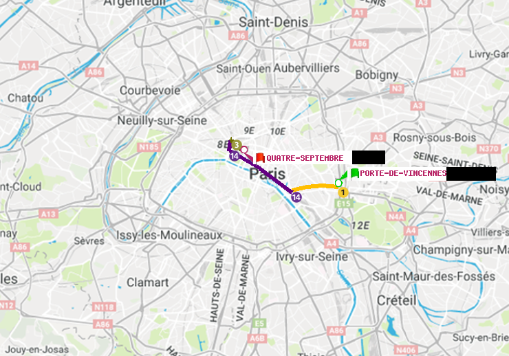 plan itinéraire ratp de Porte de Vincennes à Quatre Septembre