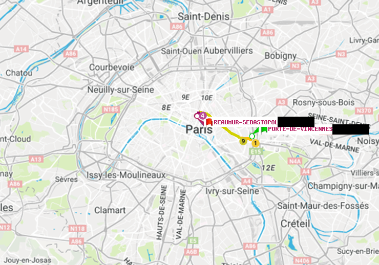 plan itinéraire ratp de Porte de Vincennes à Réaumur-Sébastopol