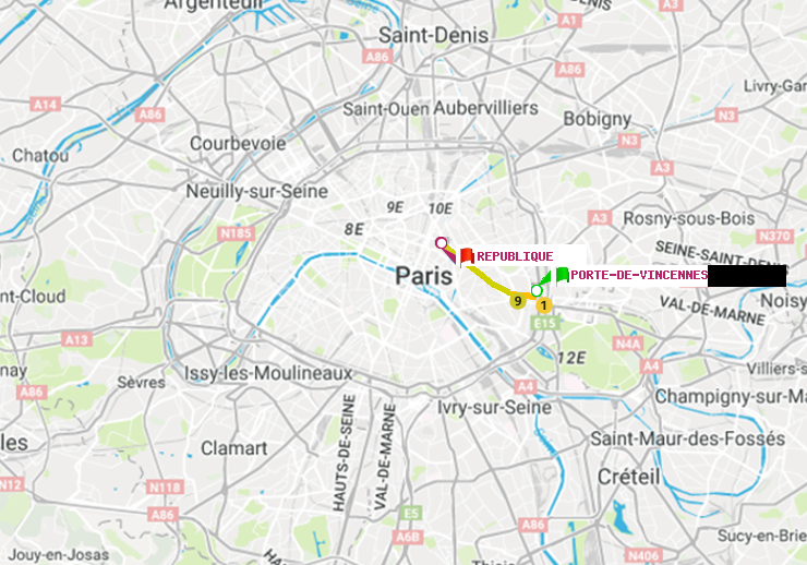 plan itinéraire ratp de Porte de Vincennes à République