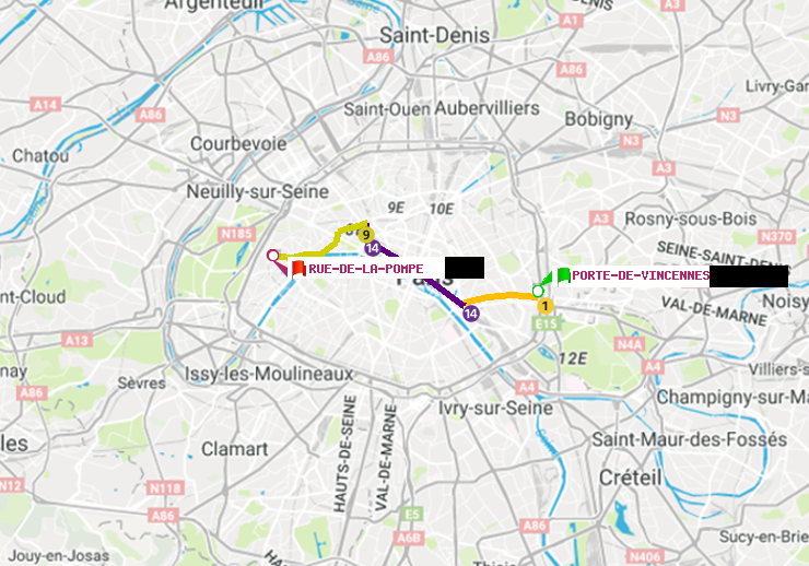plan itinéraire ratp de Porte de Vincennes à Rue de la Pompe (Avenue Georges Mandel)