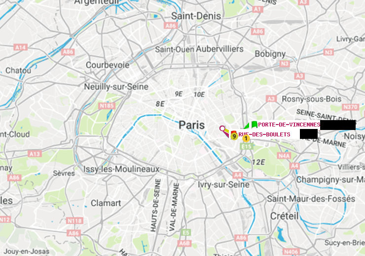 plan itinéraire ratp de Porte de Vincennes à Rue des Boulets