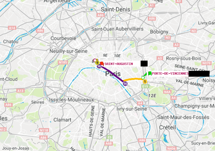 plan itinéraire ratp de Porte de Vincennes à Saint-Augustin