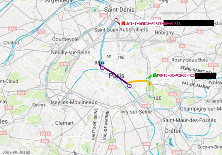 plan itinéraire ratp de Porte de Vincennes à Saint-Denis-Porte de Paris