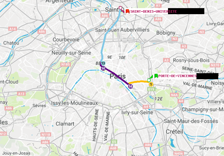 plan itinéraire ratp de Porte de Vincennes à Saint-Denis-Universite