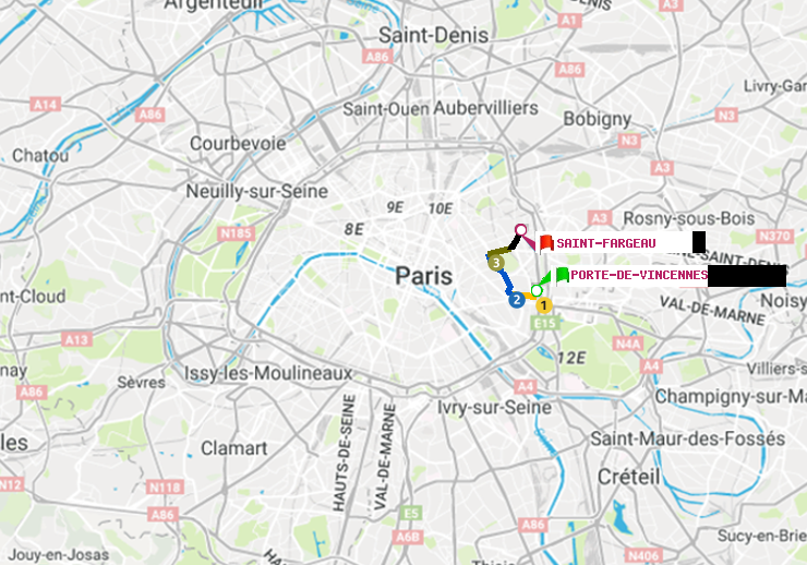 plan itinéraire ratp de Porte de Vincennes à Saint-Fargeau