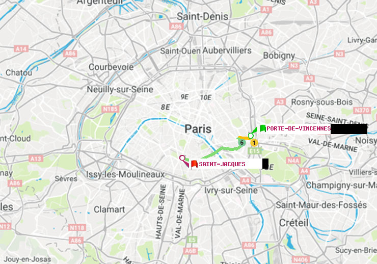 plan itinéraire ratp de Porte de Vincennes à Saint-Jacques