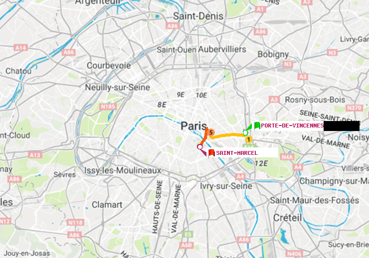 plan itinéraire ratp de Porte de Vincennes à Saint-Marcel