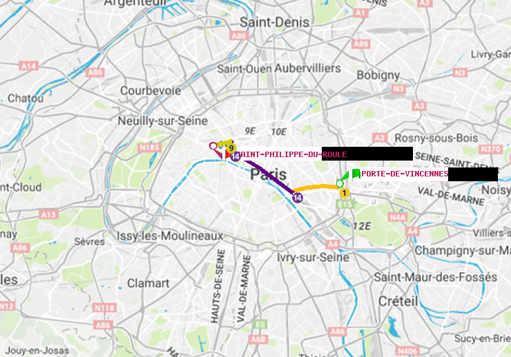 plan itinéraire ratp de Porte de Vincennes à Saint-Philippe du Roule