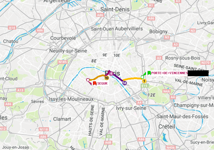 plan itinéraire ratp de Porte de Vincennes à Ségur