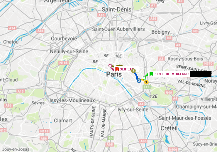 plan itinéraire ratp de Porte de Vincennes à Sentier