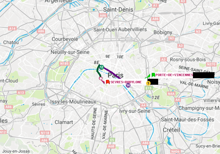 plan itinéraire ratp de Porte de Vincennes à Sèvres-Babylone