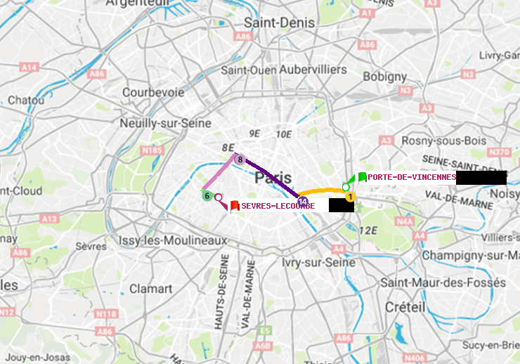 plan itinéraire ratp de Porte de Vincennes à Sèvres-Lecourbe