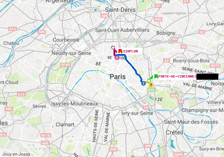 plan itinéraire ratp de Porte de Vincennes à Simplon