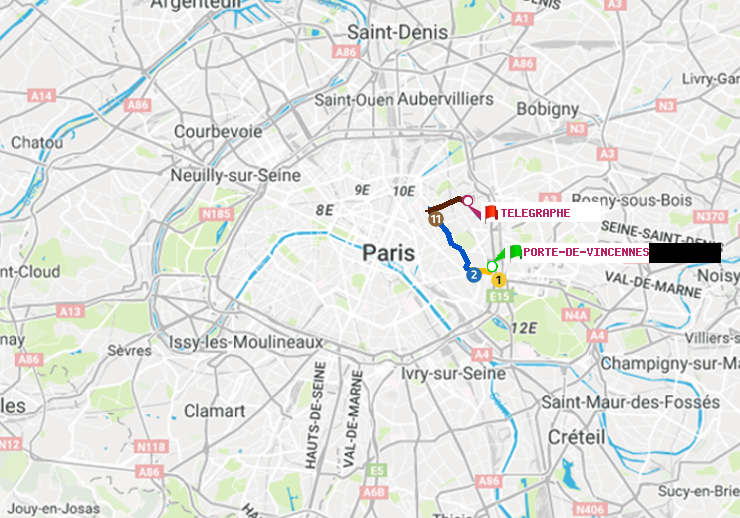 plan itinéraire ratp de Porte de Vincennes à Telegraphe