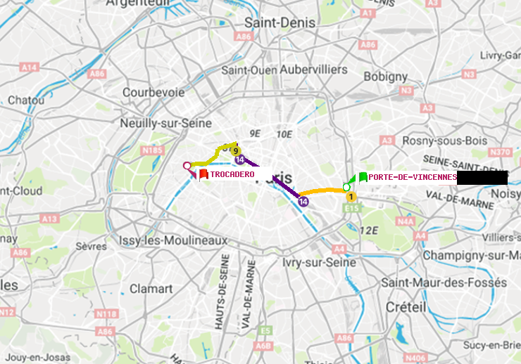 plan itinéraire ratp de Porte de Vincennes à Trocadéro