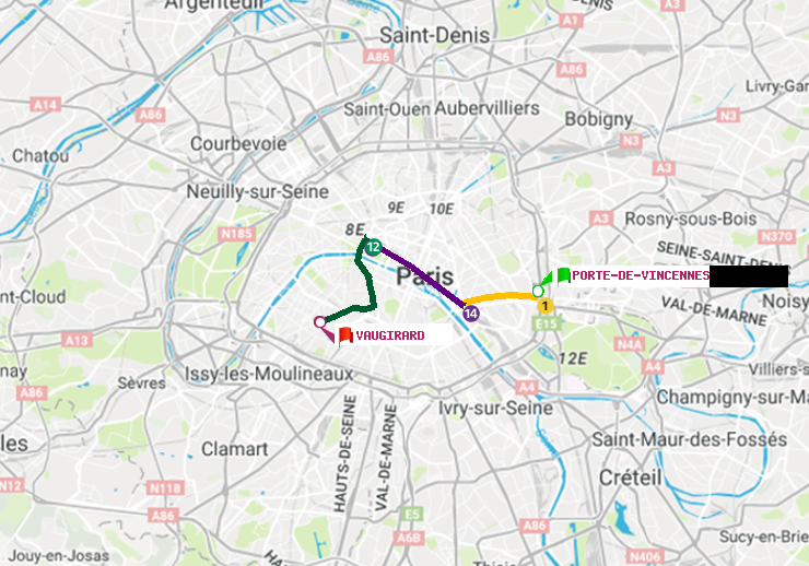 plan itinéraire ratp de Porte de Vincennes à Vaugirard (Adolphe Chérioux)