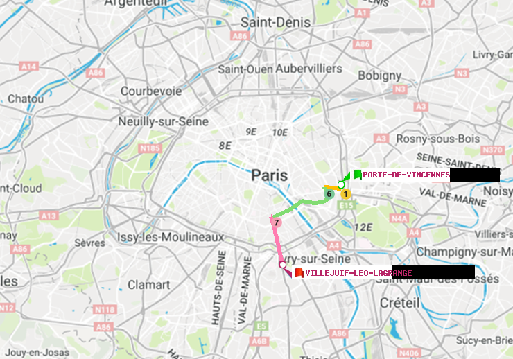 plan itinéraire ratp de Porte de Vincennes à Villejuif-Léo Lagrange
