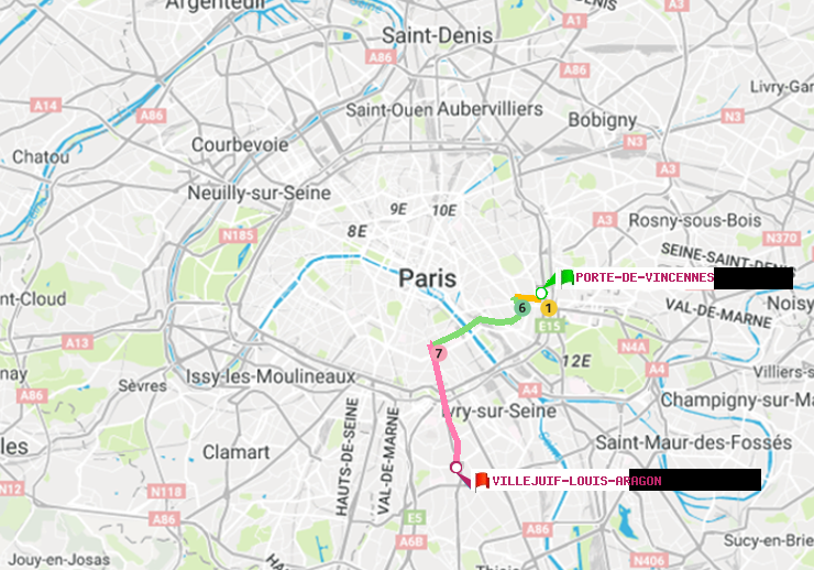 plan itinéraire ratp de Porte de Vincennes à Villejuif-Louis Aragon