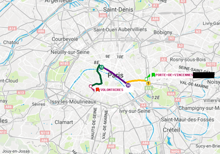 plan itinéraire ratp de Porte de Vincennes à Volontaires