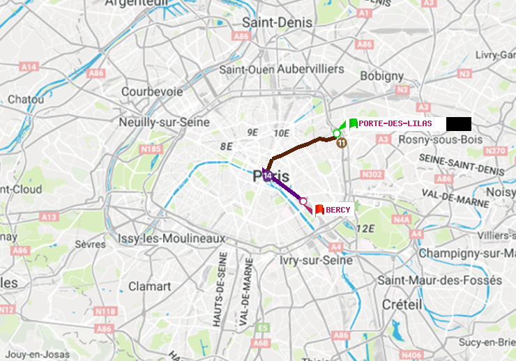 plan itinéraire ratp de Porte des Lilas à Bercy