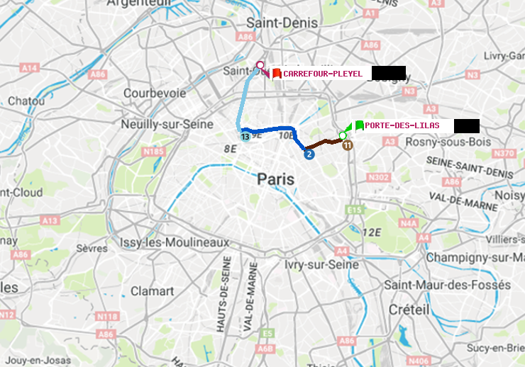 plan itinéraire ratp de Porte des Lilas à Carrefour-Pleyel