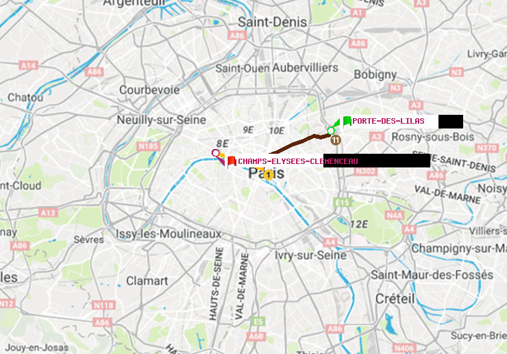 plan itinéraire ratp de Porte des Lilas à Champs-Elysées-Clémenceau