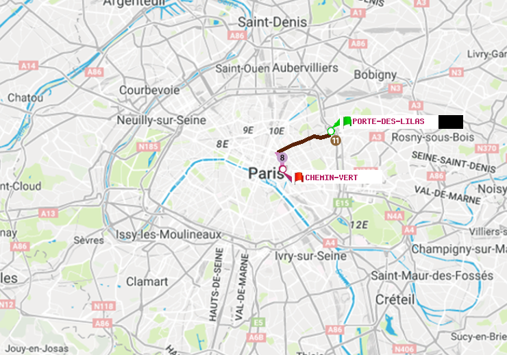plan itinéraire ratp de Porte des Lilas à Chemin Vert