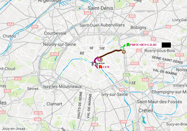 plan itinéraire ratp de Porte des Lilas à Cité