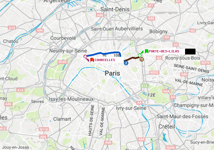 plan itinéraire ratp de Porte des Lilas à Courcelles