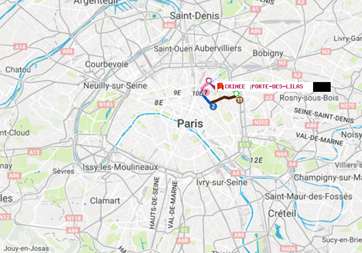 plan itinéraire ratp de Porte des Lilas à Crimée