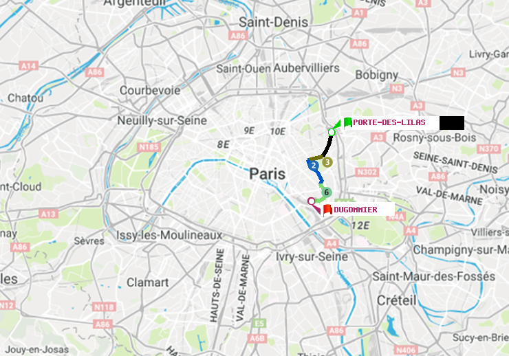 plan itinéraire ratp de Porte des Lilas à Dugommier