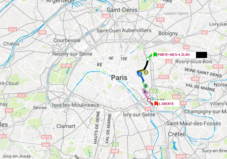 plan itinéraire ratp de Porte des Lilas à Liberté