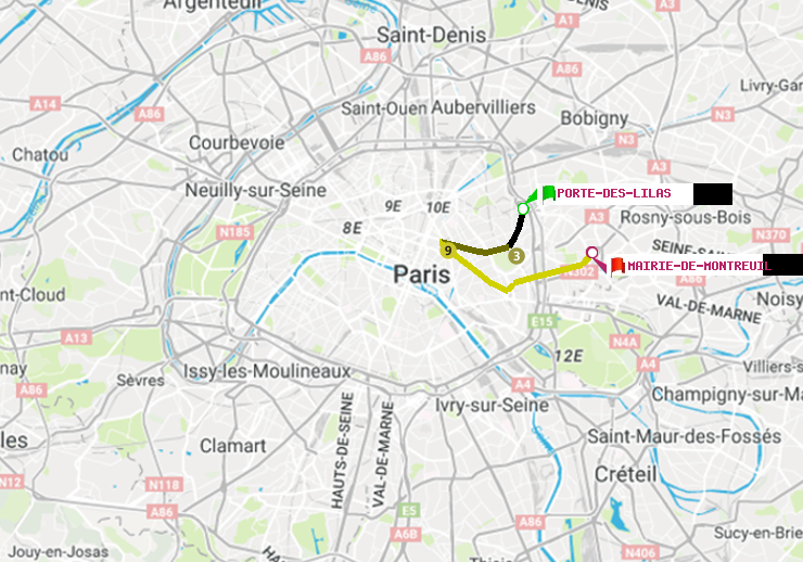 plan itinéraire ratp de Porte des Lilas à Mairie de Montreuil