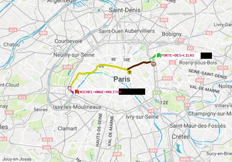 plan itinéraire ratp de Porte des Lilas à Michel-Ange-Molitor