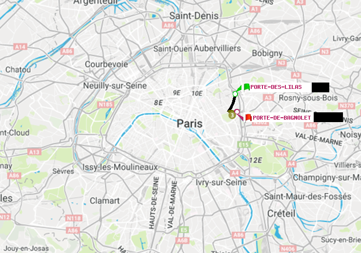 plan itinéraire ratp de Porte des Lilas à Porte de Bagnolet