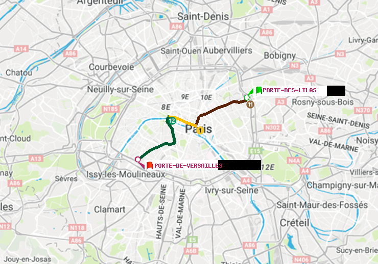 plan itinéraire ratp de Porte des Lilas à Porte de Versailles