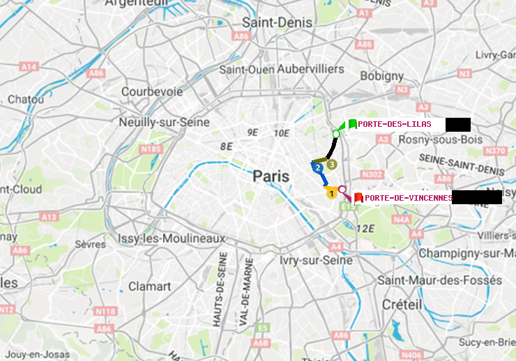 plan itinéraire ratp de Porte des Lilas à Porte de Vincennes