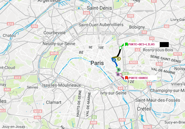 plan itinéraire ratp de Porte des Lilas à Porte Dorée