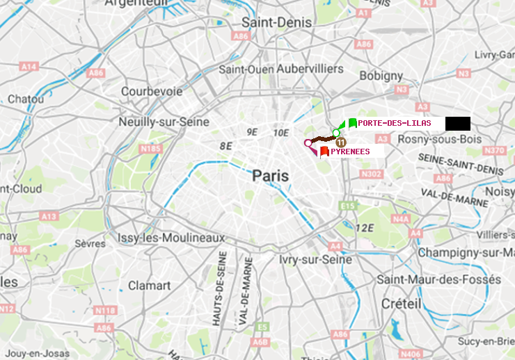 plan itinéraire ratp de Porte des Lilas à Pyrenees