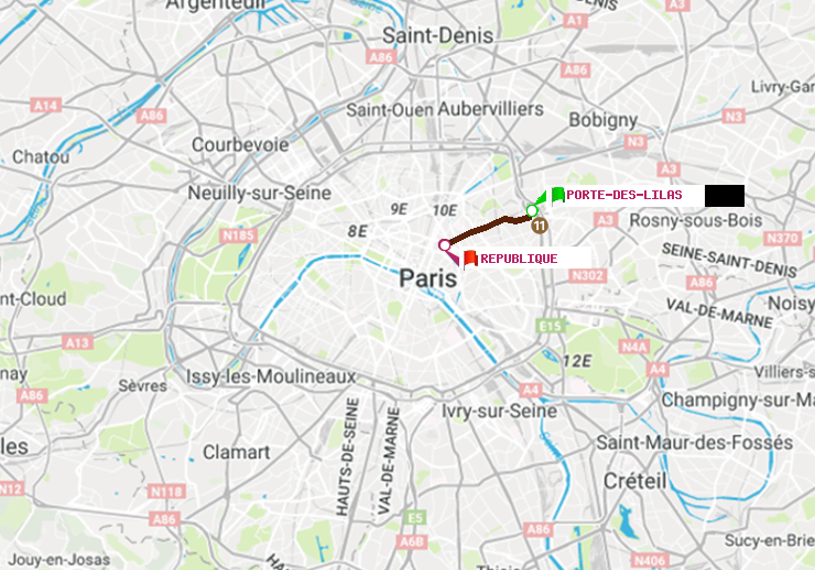plan itinéraire ratp de Porte des Lilas à République
