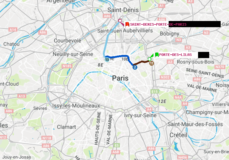 plan itinéraire ratp de Porte des Lilas à Saint-Denis-Porte de Paris