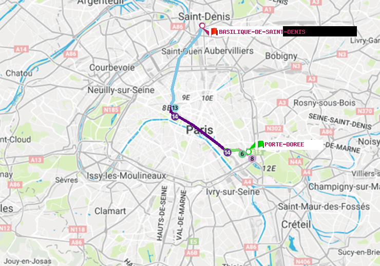 plan itinéraire ratp de Porte Dorée à Basilique de Saint-Denis