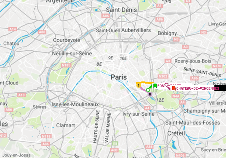 plan itinéraire ratp de Porte Dorée à Château de Vincennes