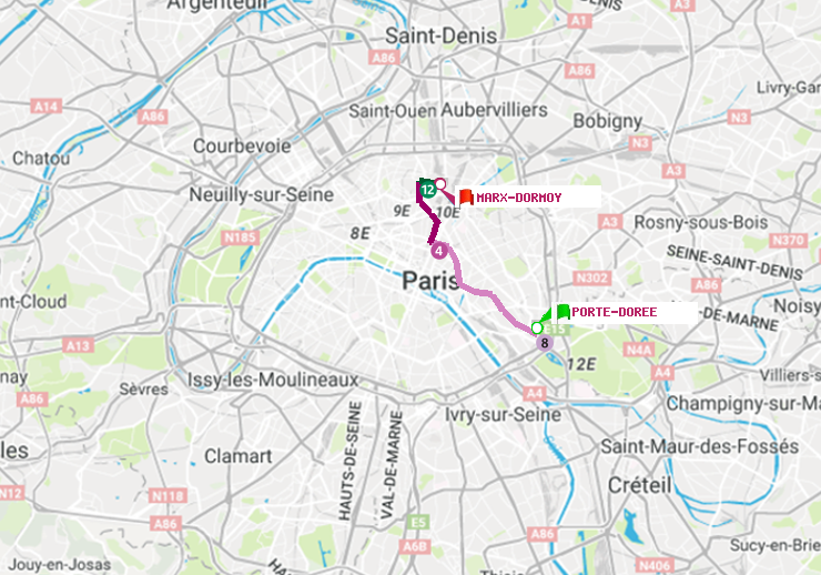 plan itinéraire ratp de Porte Dorée à Marx-Dormoy