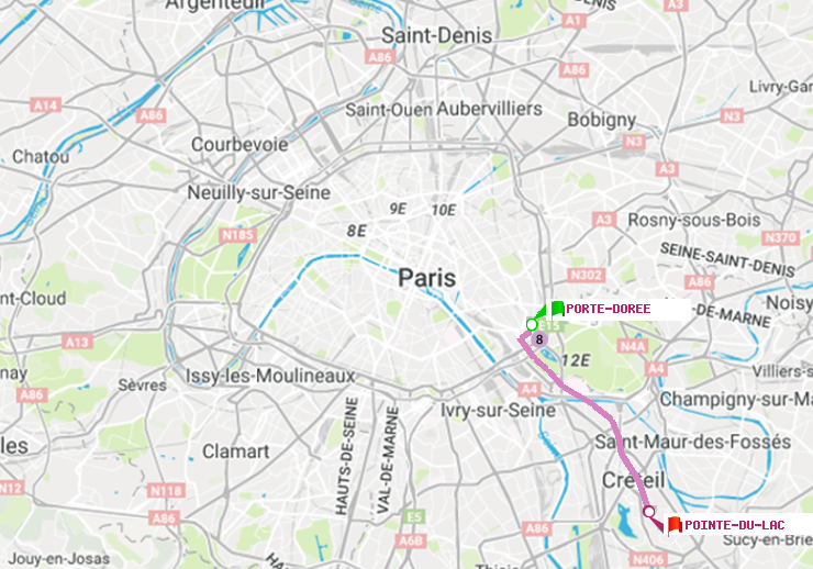 plan itinéraire ratp de Porte Dorée à Pointe du Lac