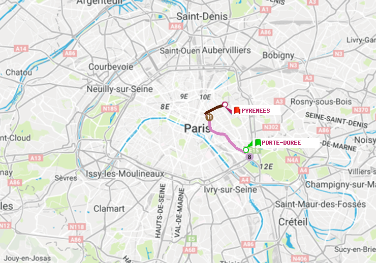 plan itinéraire ratp de Porte Dorée à Pyrenees