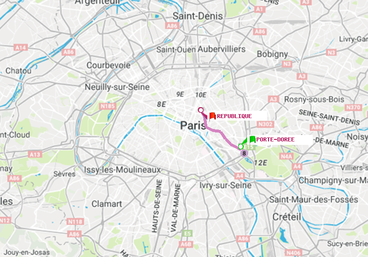 plan itinéraire ratp de Porte Dorée à République