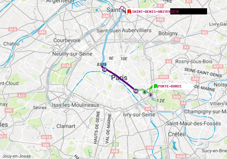 plan itinéraire ratp de Porte Dorée à Saint-Denis-Universite