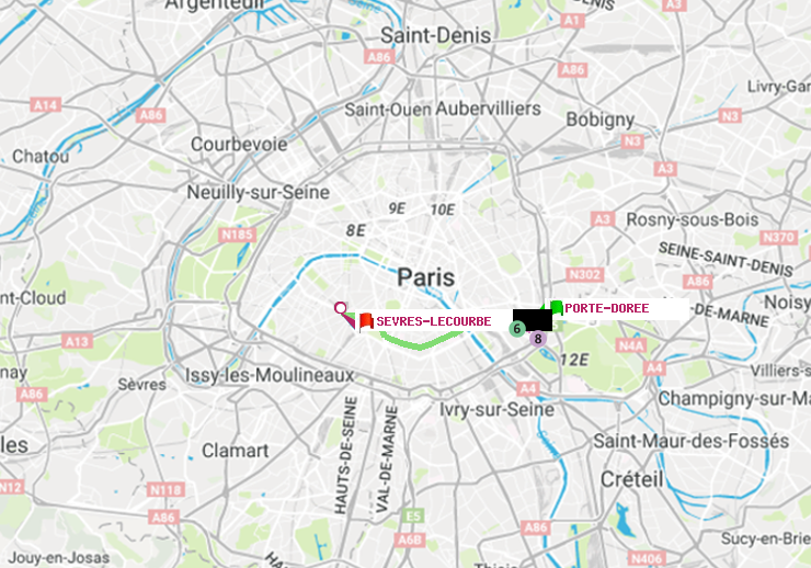 plan itinéraire ratp de Porte Dorée à Sèvres-Lecourbe
