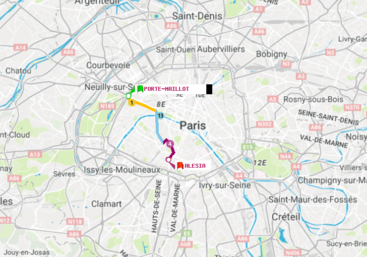 plan itinéraire ratp de Porte Maillot à Alésia